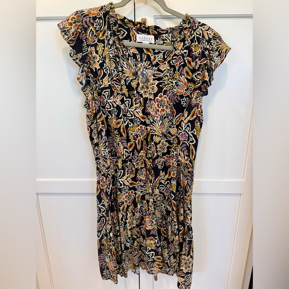 Velvet Black Floral Mini Dress with Mustard and Rust Accents